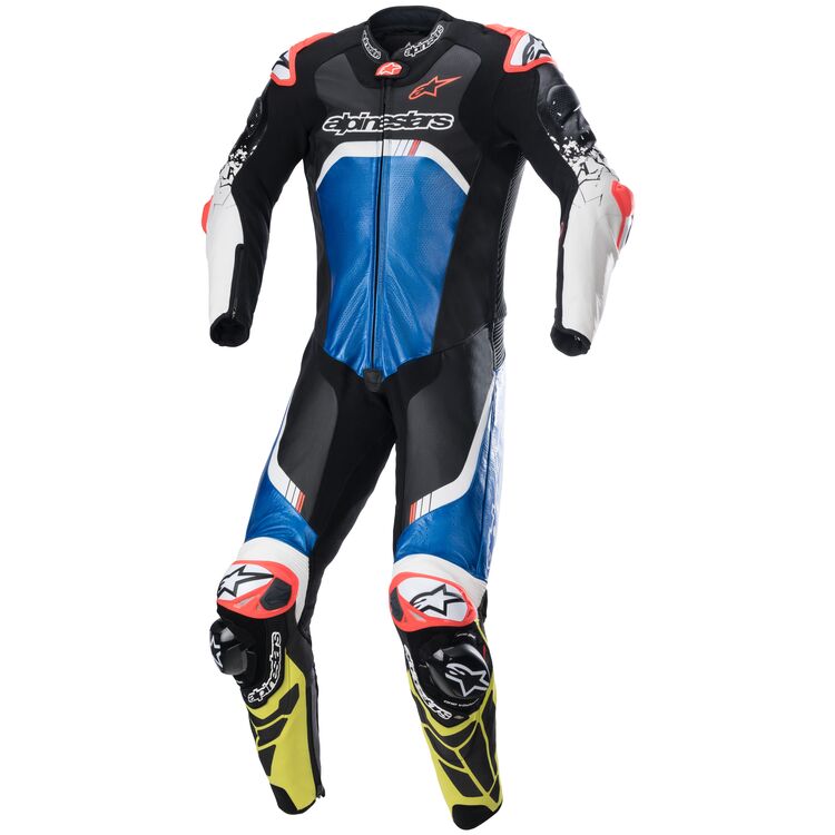 GP Tech v4 Motorbike Race Suit Black Blue Yellow front