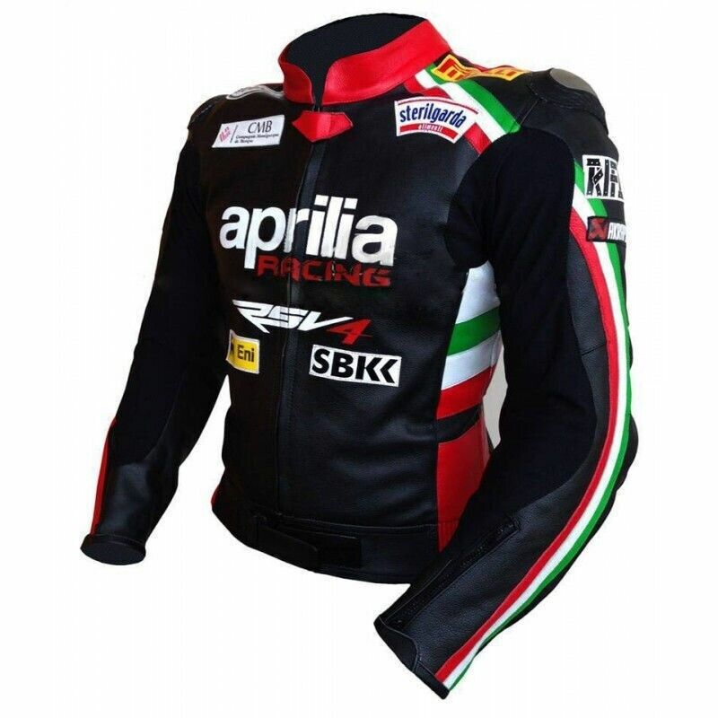 Aprilia Custom Motorbike Leather Racing Jacket Black Red White Green front