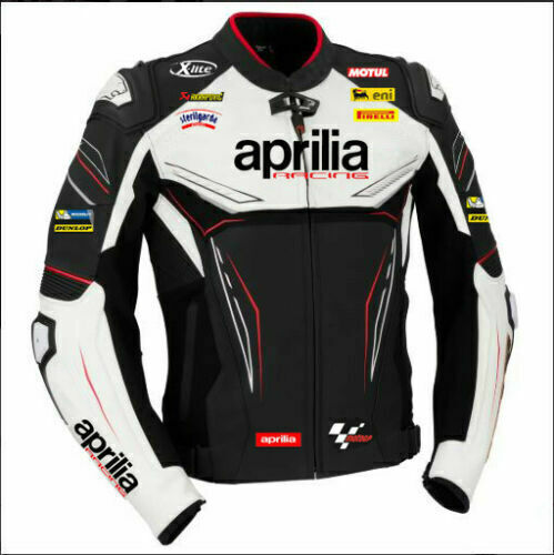 Aprilia Racing Motogp Custom Motorcycle Leather Jacket Black White front