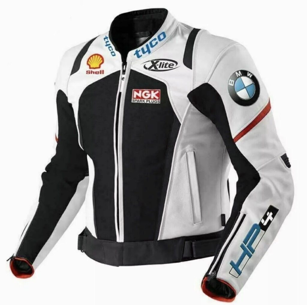 BMW HP4 Custom Motorcycle Leather Racing Jacket White Black front