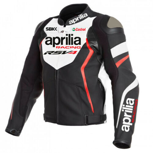 Aprilia Racing RS V4 SBK Custom Motorcycle Leather Jacket Black White Red front