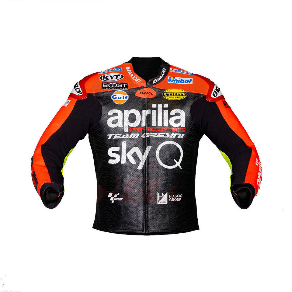 Aprilia Racing Team Gresini Custom Motorcycle Leather Jacket Black Orange front