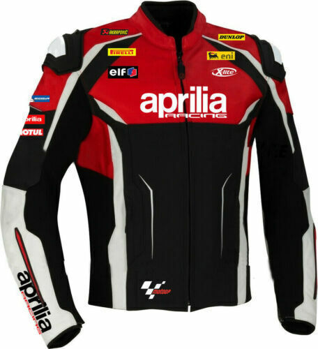 Aprilia Racing Motogp Custom Motorcycle Leather Jacket Black Red White front