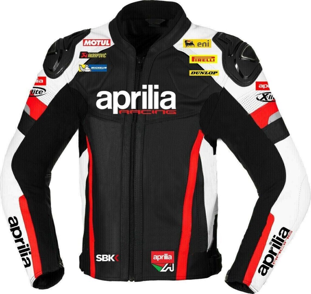 Aprilia Custom Motorbike Leather Racing Jacket Black White Red front