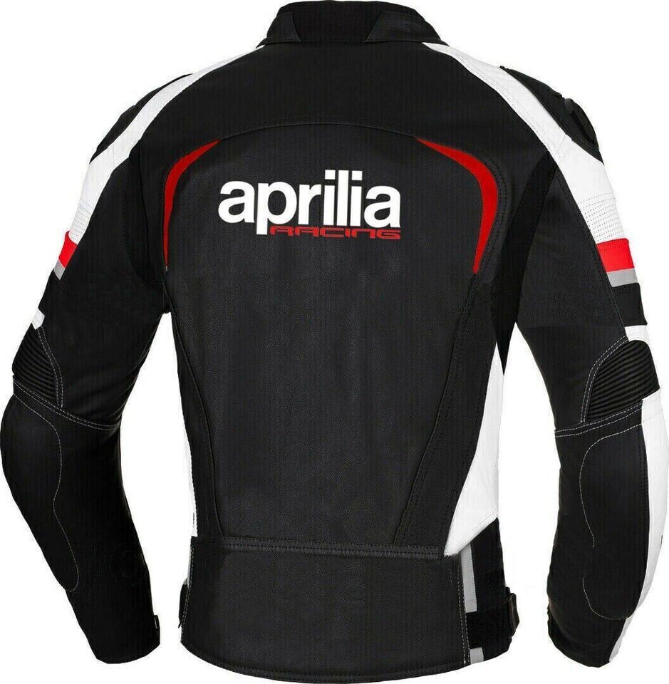 Aprilia Custom Motorbike Leather Racing Jacket Black White Red back