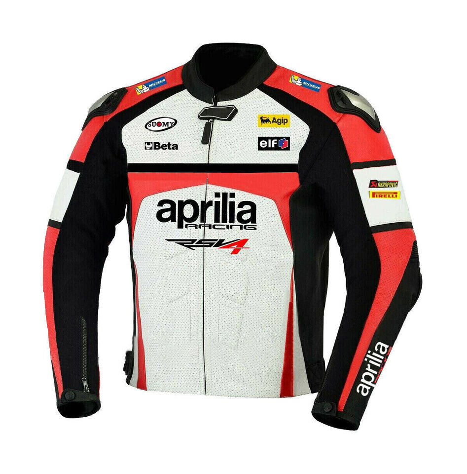 Aprilia Racing Motorcycle Leather Jacket White Black Red front