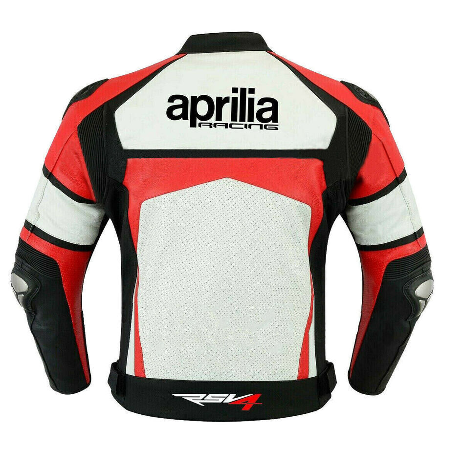 Aprilia Racing Motorcycle Leather Jacket White Black Red back