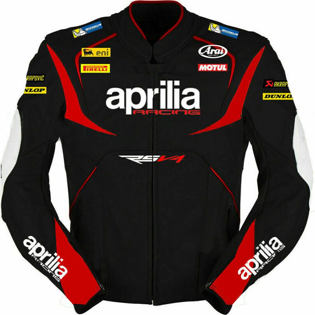 Aprilia Racing RS V4 Custom Motorcycle Leather Jacket Black Red front