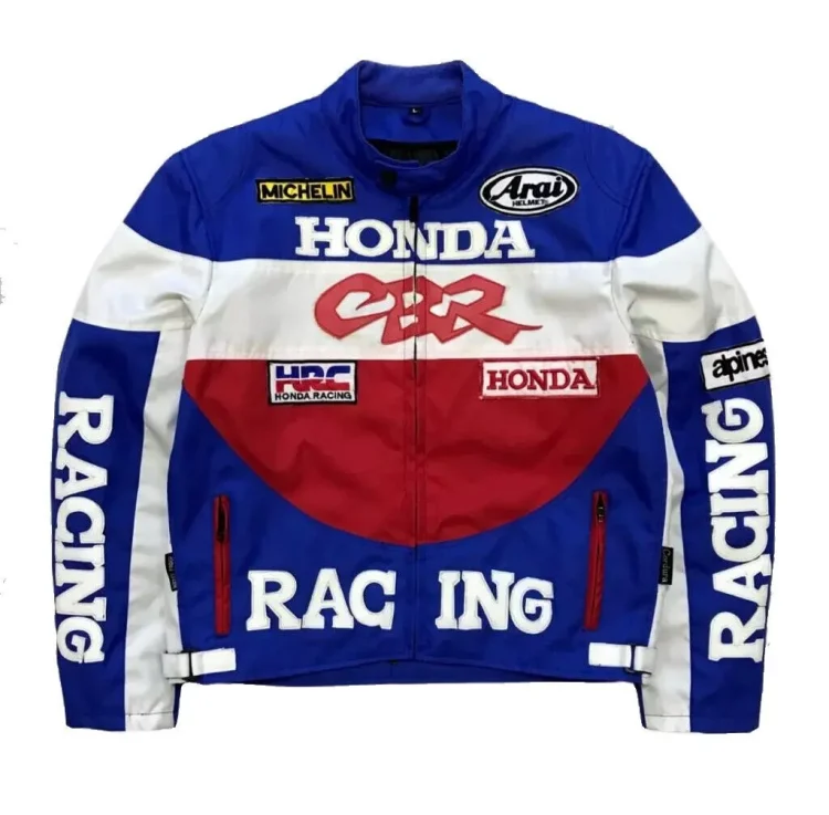 Honda CBR Motorcycle Racing Jacket Blue White Maroon Front