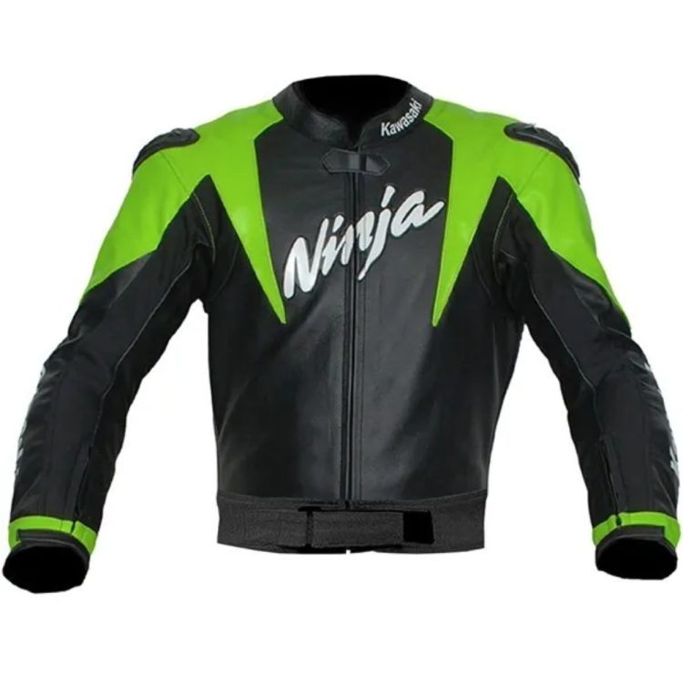 Kawasaki Ninja Motorbike Leather Racing Jacket Black Green White Front