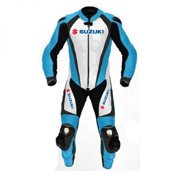 Suzuki Motorcycle Leather Racing Suit Sky Blue White Black Front
