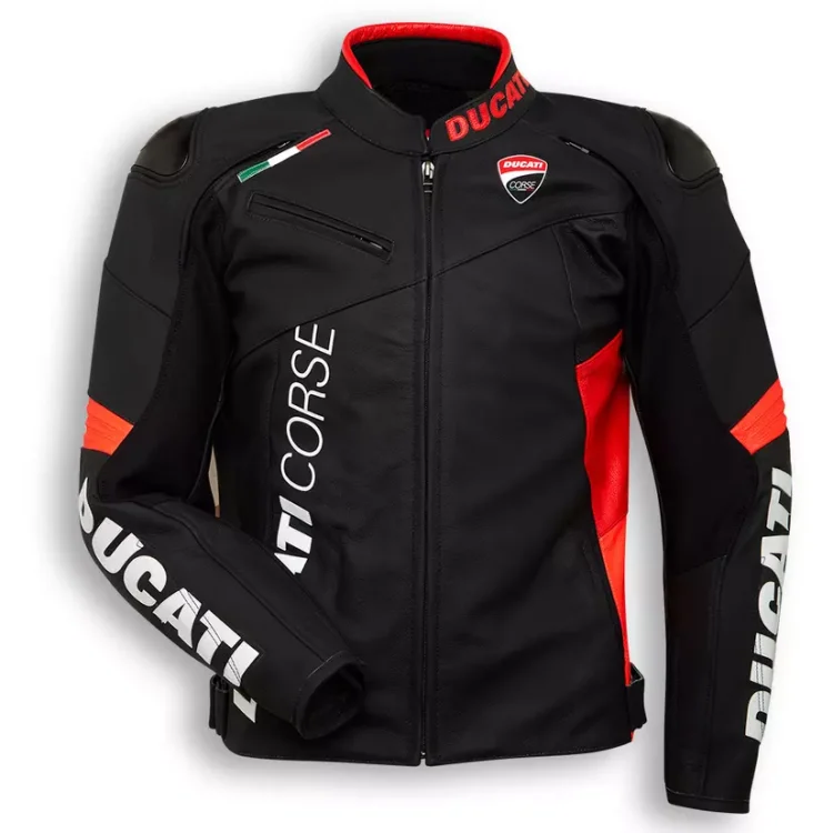 Ducati Corse Motorcycle Leather Racing Jacket Black Front