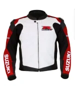 Suzuki R GSX Leather Racing Jacket White Red Black Front