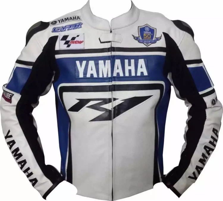 Yamaha Moto Gp R1 Leather Racing Jacket White Blue Black Front