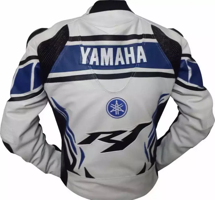 Yamaha Moto Gp R1 Leather Racing Jacket White Blue Black Back
