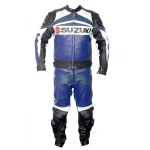 Suzuki R GSX Motorbike Leather Suit Blue Black Front