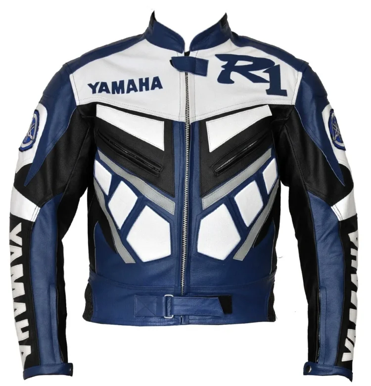 Yamaha R1 Motorbike Leather Racing Jacket Blue White Black Front