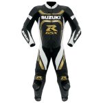 Suzuki R GSX Motorcycle Racing Suit Black Gold White Front