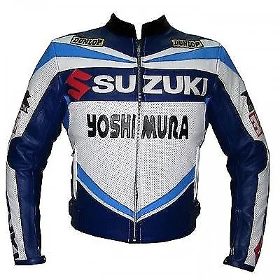 Suzuki Dunlop Motorbike Leather Racing Jacket White Blue Front