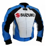 Suzuki R GSX Motorcycle Leather Racing Jacket White Blue Black Front