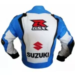 Suzuki R GSX Motorcycle Leather Racing Jacket White Blue Black Back