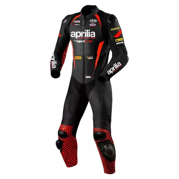 Aprilia Racing SBK Motorcycle Leather Suit Black Red Front
