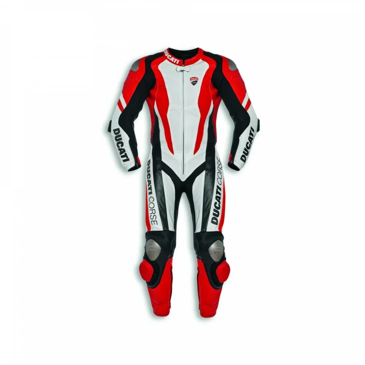 Ducati Corse Motorcycle Leather Racing Suit White Red Front