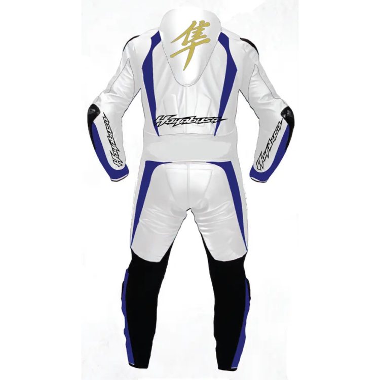 Suzuki Hayabusa Leather Racing Suit White Blue Black Back