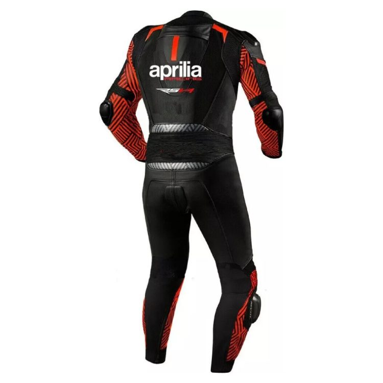 Aprilia Racing SBK Motorcycle Leather Suit Black Red Back