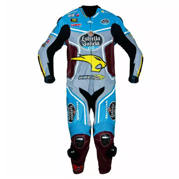 Honda Marc VDS Leather Racing Suit Blue Yellow Front