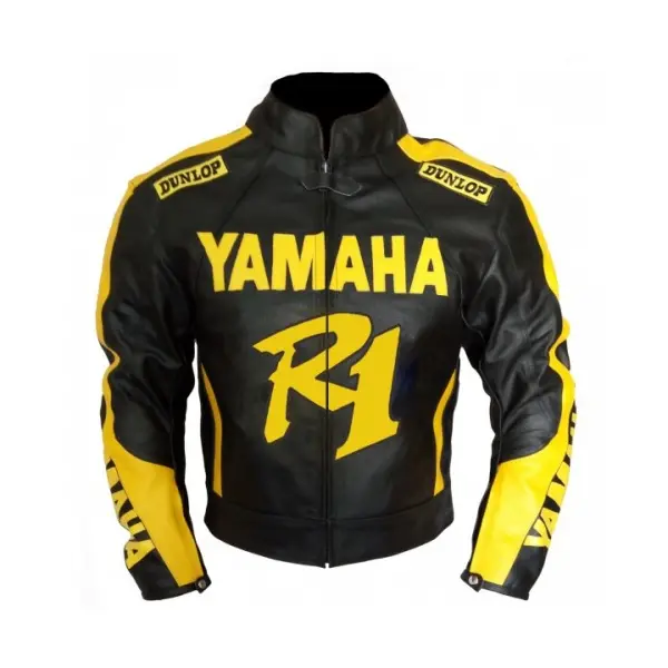 Yamaha R1 Dunlop Leather Racing Jacket Black Yellow Front