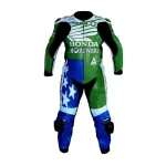 Honda Moriwaki Custom Motorcycle Leather Racing Suit Green Blue White Front