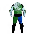 Honda Moriwaki Custom Motorcycle Leather Racing Suit Green Blue White Back