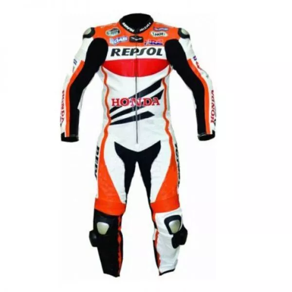 Honda Repsol Moto Gp Leather Suit Orange White Black Front