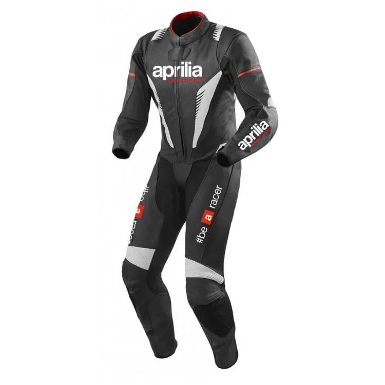Aprilia Motorcycle Leather Racing Suit Black Gray Front