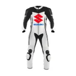 Suzuki R GSX Motorbike Leather Racing Suit White Black Front