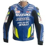 Suzuki ECSTAR Leather Racing Jacket Blue Yellow Front