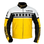 Yamaha Motorcycle Leather Racing Jacket Yellow White Black Front