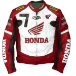Honda Rocket Motorcycle Leather Racing Jacket Maroon White Front