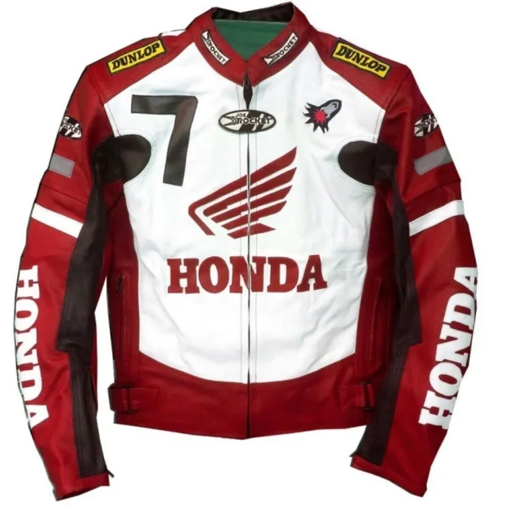 Honda Rocket Motorcycle Leather Racing Jacket Maroon White Front