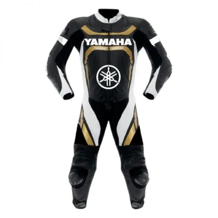 Yamaha Motorcycle Leather Racing Suit Black Gold White Front