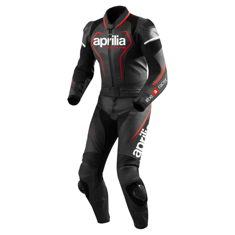 Aprilia custom motorcycle racing suit black red white front