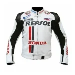 Honda Repsol Motorbike Leather Racing Jacket White Black Front