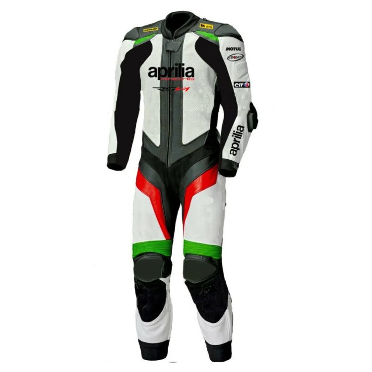 Aprilia Racing Leather Racing Suit Black White Red Green Front