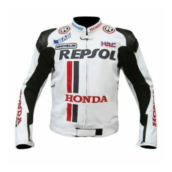 Honda Repsol Motorbike Leather Racing Jacket White Black Front