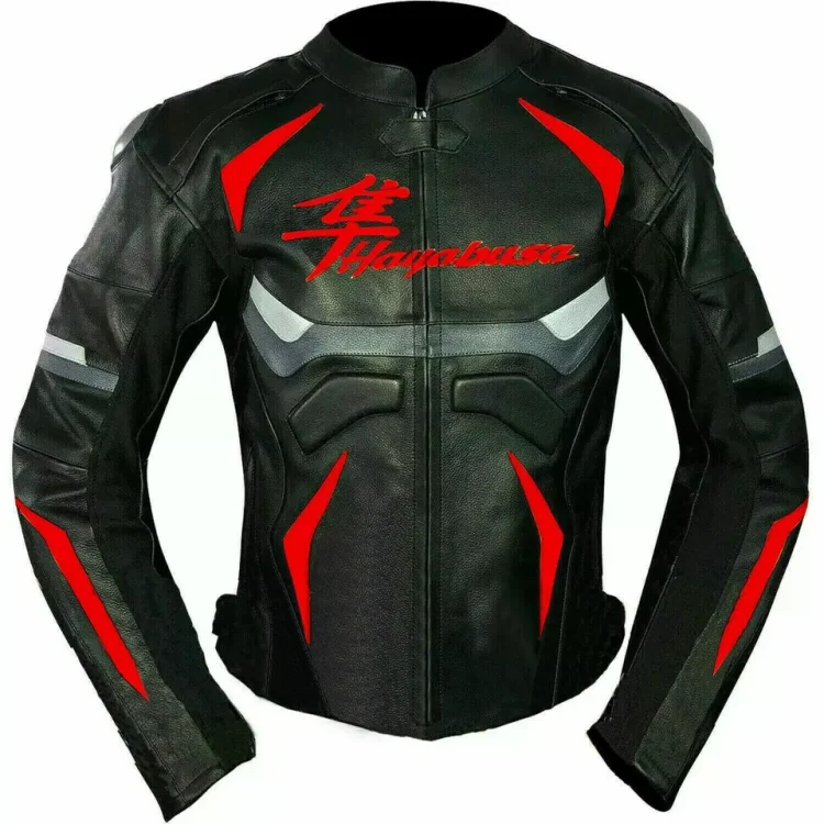 Suzuki Hayabusa Motorcycle Leather Racing Jacket Black Red Front