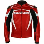 Suzuki Motorcycle Leather Racing Jacket Red White Black Front