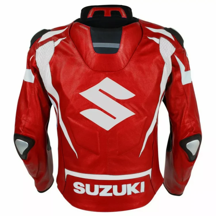 Suzuki Motorcycle Leather Racing Jacket Red White Black Back