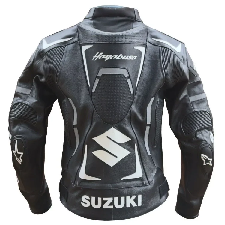 Suzuki Hayabusa Motorbike Leather Racing Jacket Black White Back