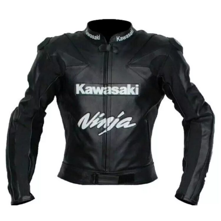 Kawasaki Ninja Motorcycle Leather Racing Jacket Black Front